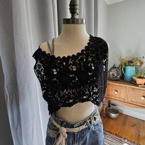 Crochet Crop Tank Top-Black